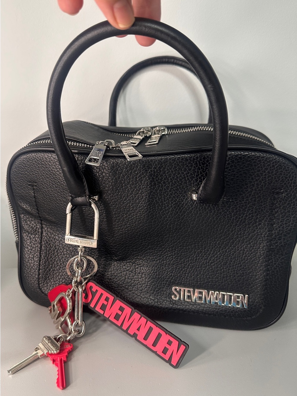 Steve Madden Black Pebbled Mini Satchel with Pink Logo Keychain